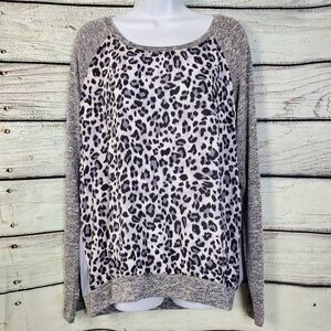 KUT from the Kloth XL Leopard Print Pullover Top Gray Raglan Sleeves Knit Hem